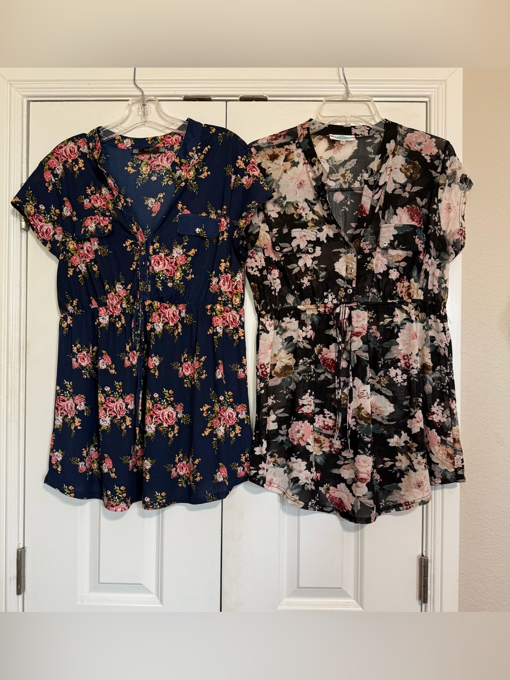 Set of 2 Maternity Sheer Tops SZ L -Blue Floral and Black Floral Tie Waist